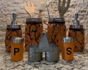 BumbleBee Kitchen Mason Jar Canister Set Honey Bee Utensil Holder Farmhouse Bee Soap Dispenser Orange Yellow Black Salt Pepper Shaker Set