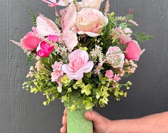 Pink Rose Flower Cemetery Vase Insert, Butterfly Summer Grave Vase Decoration,