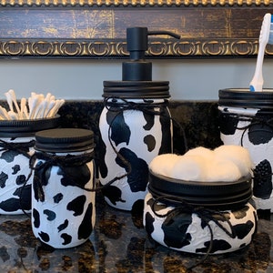 Dairy Cow Mason Jar Bathroom Set, Black an White Country Bathroom Accessories, Bathroom Decor, Bathroom Organizers, Farmhouse Soap Dispenser