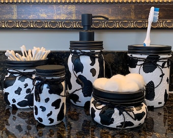 Mason Jar Dairy Cow Bathroom Set, Black an White Country Bathroom Accessories, Bathroom Decor, Bathroom Organizers, Farmhouse Soap Dispenser