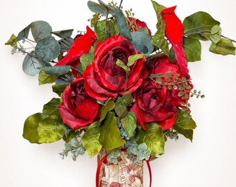 Red Rose Cardinal Floral Arrangement, Red Bird Mason Jar Decor, Summer Centerpiece, Holiday Decoration