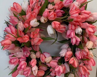 Pink Tulip Front Door Wreath, Spring Pink White Porch Decoration, Blush Summer Wreath, Country Easter Tulip Wreath