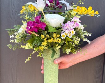 Cemetery Cross Rose Floral Arrangement, Lily Memorial Grave Decoration, Purple Yellow Drop In, Heart Gravestone Insert, Headstone Bouquet