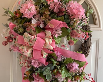 Pink Lilac Front Door Wreath, Country Cottage Wreath, Outdoor Porch Decoration, Indoor Wall Hanging