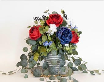 Red White Blue Rose Bouquet Arrangement, Hydrangea Patriotic Tabletop Centerpiece, 4th July Rustic Farmhouse Decoration, Memorial Day Decor