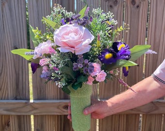 Purple Iris Pink Rose Cemetery Flower Vase Insert, Summer Memorial Gravesite Drop In, Spring Grave Funeral Floral Refill, Mausoleum Bouquet