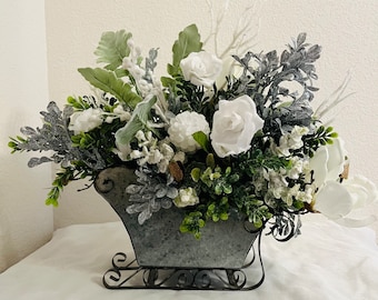 Rustic Christmas White Rose Magnolia Arrangement, Country Winter Sleigh Table Decoration, Silver Holiday Floral Centerpiece