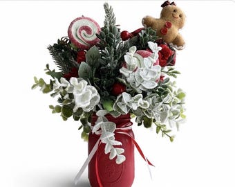 Gingerbread Christmas Floral Arrangement, Rustic Peppermint Winter Centerpiece, Holiday Tabletop Home Decor, Winter Mason Jar Decoration