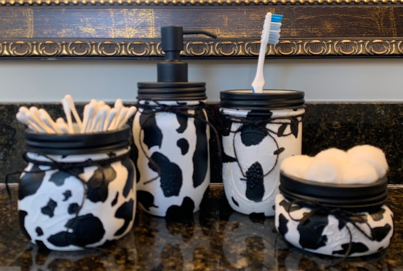 Cow Mason Jar Bathroom Set Black an White Country Bathroom image 8