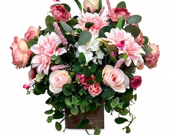 Pink Rose Dahlia Floral Centerpiece, Blush Soft Pink Hydrangea Table Arrangement, Summer Ivory TableTop Home Decor