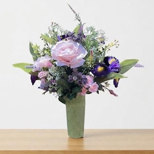 Iris Rose Cemetery Flower Arrangement, Summer Memorial Gravesite Drop In, Pink Purple Grave Funeral Floral Refill, Mausoleum Vase Bouquet