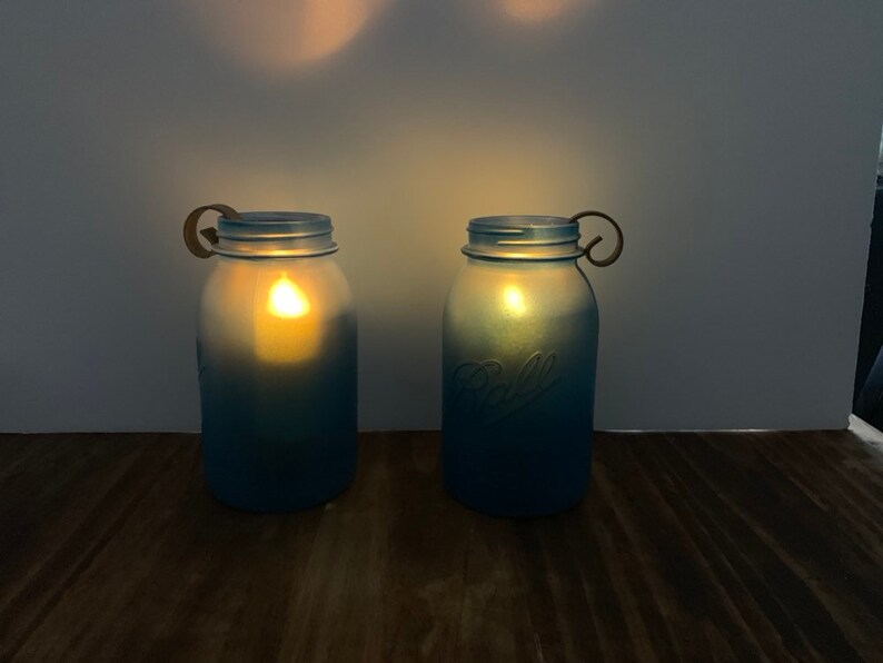 Set of 2 Rustic Wedding Decor Mason Jar Lamp Beach Wedding Lighting. Blue Sea Glass Mason Jar Candleholder