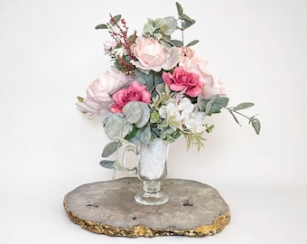 Blush Pink Peony Floral Arrangement, Dusty Rose Centerpiece, Summer Hydrangea Tabletop Decoration, Everyday Blush Farmhouse Home Decor,