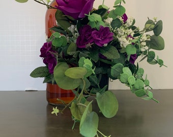 Wine Bottle Floral Arrangement, Small Candle Ring Purple Bouquet, Party Favor Flower Centerpiece, Mini Topper, Lavender Hostess Gift
