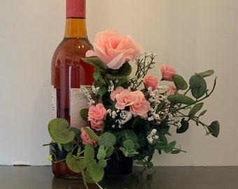 Candle Floral Arrangement, Wine Bottle Pink Clip on, Soft Pink Floral Topper, Hostess Bouquet Centerpiece