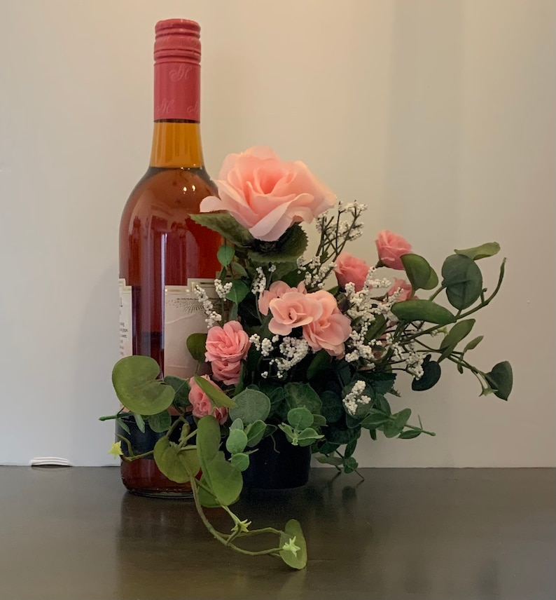 Pink Rose Wine Bottle Bouquet Arrangement Candle Bridal Etsy
