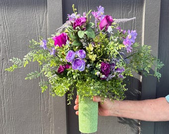 Cemetery Vase Flower, Purple Graveside Spring Floral Refill, Urn Summer Arrangement, Mausoleum Drop in, Grave Decoration