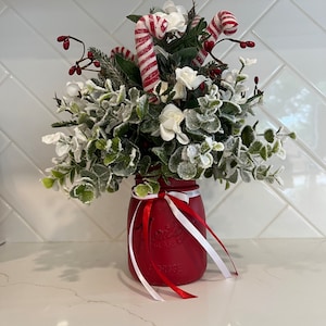 Christmas Candy Cane and Rose Decor, Red and White Xmas Centerpiece, Winter Farmhouse Floral Arrangement, Frosted Holiday Gift for Her