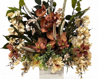 Fall Orchid Carnation Floral Arrangement, Cream Beige Table Centerpiece, Chocolate Autumn Home Decor, Neutral Thanksgiving Decoration