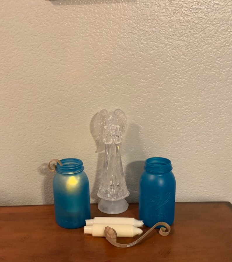 Set of 2 Rustic Wedding Decor Mason Jar Lamp Beach Wedding Lighting. Blue Sea Glass Mason Jar Candleholder