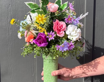 Pink Purple Summer Rose Cemetery Flower Arrangement Refill, Colorful Blue White Hydrangea Grave Vase, Memorial Funeral Decor Drop in