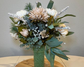 Winter Cemetery Vase Insert, Beige Mum Rose Floral Arrangement, Christmas Grave Decoration, Mausoleum Flower Refill, Gravestone Decoration