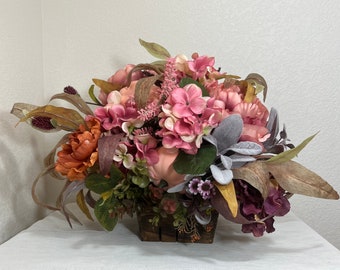 Hydrangea and Peony Fall Country Arrangement, Thanksgiving Pink, Mauve, and Orange Pumpkin Centerpiece, Rustic Lambs Ear Autumn Decor