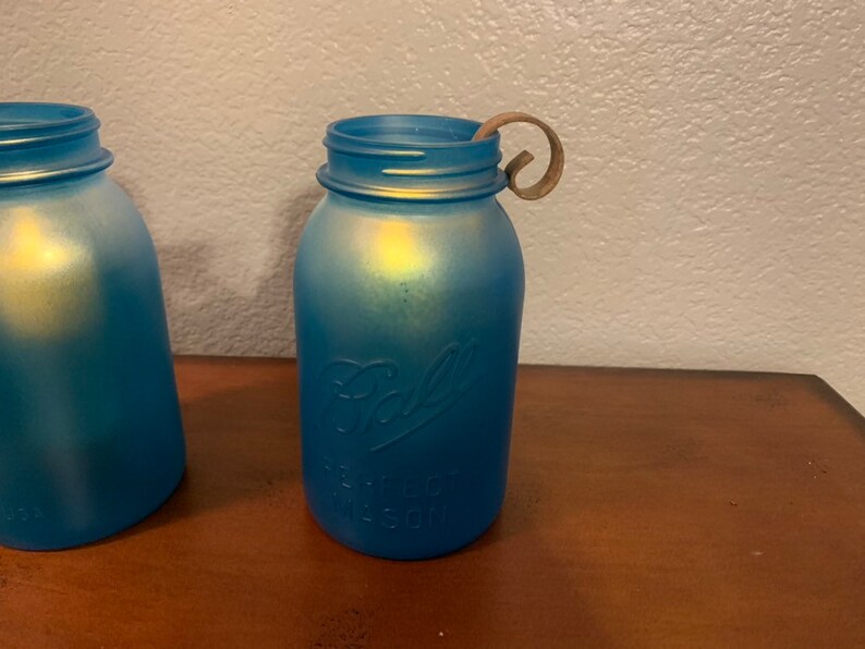 Set of 2 Rustic Wedding Decor Mason Jar Lamp Beach Wedding Lighting. Blue Sea Glass Mason Jar Candleholder
