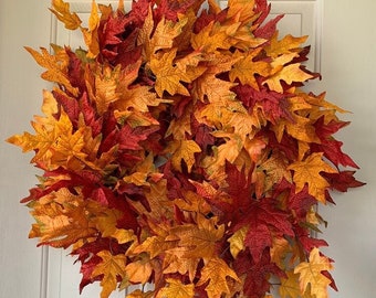 Maple Leaf Fall Wreath for Front Door, Thanksgiving Orange and Red Wreath, Farmhouse Leaf Wreath, Rust Double Door Wreath, Foliage Wreath