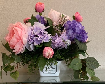 Country Peony Hydrangea Flower Arrangement, Rustic Purple and Pink Table Centerpiece, Lavender Lilac Tabletop Decor