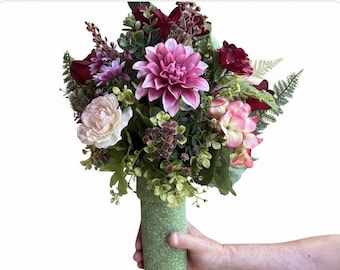 Burgundy Rose Cemetery Fall Floral Vase Insert, Mauve Arrangement Drop In, Autumn Gravestone Refill, Urn Grave Decoration, Winter Mum Flower