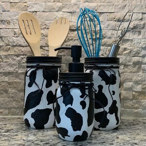 Cow Print Mason Jar Kitchen Set, Country Black and White Container Jar ...