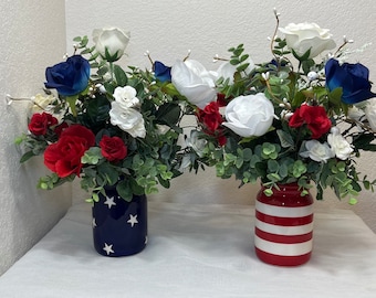 Red, White, and Blue Rose Patriotic Jar Arrangement, Fourth of July Table Centerpiece, Rustic Summer Tabletop Decoration, Americana Floral