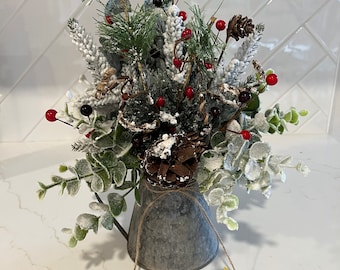 Asymmetrical Winter Floral Centerpiece, Winter Evergreen Table Arrangement,  Christmas Table Decor, Silk Flower Display, Wedding Flowers 