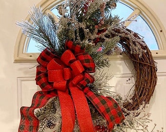 Buffalo Print Winter Pine Front Door Wreath, Rustic Buffalo Check Front Porch Decor, Country Red and Black Iced Wreath