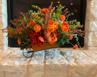 Rose Orange Floral Arrangement,  Farmhouse Autumn Peony Flower Centerpiece, Wheel Barrow Tabletop Decoration, Rustic Wedding Decor
