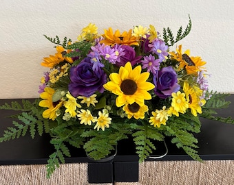 Sunflower Rose Headstone Saddle Spray, Purple Yellow Gravestone Flower, Memorial Blanket, Cemetery Vase Floral Arrangement