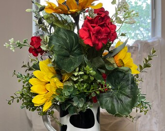 Sunflower Geranium Centerpiece Red Yellow Farmhouse Arrangement Cow Rustic Tabletop Decor Country Black White Kitchen Decoration