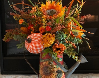 Rustic Sunflower and Pumpkin Fall Arrangement, Orange and White Watering Can Centerpiece, Autumn Pumpkin Table Decor, Thanksgiving Decor