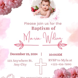 Baptism Girl Invitation Card | Pink Christening Invitation Card | Girl Baptism Invitation | Pink Baptism Invite | Girl Invitation Template