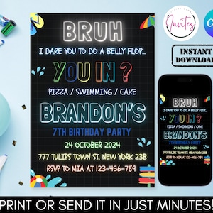 Bruh Birthday Invitation, Boy Pool Birthday Party Invitation, Bruhh It&#39;s My B Day Invite, Teenager Birth day, Editable Summer Bday Theme