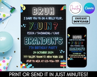 Bruh Birthday Invitation, Boy Pool Birthday Party Invitation, Bruhh It's My B Day Invite, Teenager Birth day, Editable Summer Bday Theme