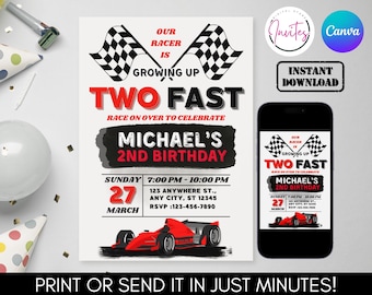 Invito di compleanno Two Fast, invito auto da corsa Two Fast 2 Curious, invito per il secondo compleanno, compleanno auto da corsa, modello modificabile Canva