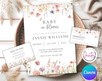 Editable Baby in Bloom Baby Shower Invitation, Diaper Raffle, Books for Baby, Wildflower Baby Shower Invite, Pink Spring Flowers Invitation