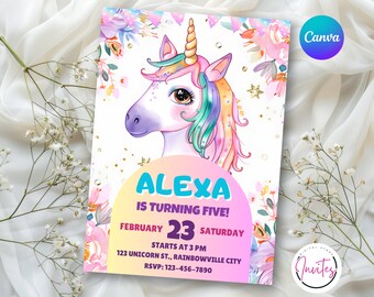 Invito di compleanno unicorno modificabile, inviti unicorno, invito per festa unicorno, festa unicorno magica, invito unicorno download immediato