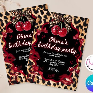 Invitación de cumpleaños editable con estampado de guepardo, invitación imprimible para fiesta Coquette con lazo negro, estampado de guepardo, plantilla de Canva, descarga instantánea. imagen 2