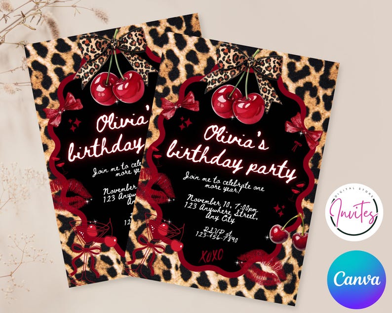 Invitación de cumpleaños editable con estampado de guepardo, invitación imprimible para fiesta Coquette con lazo negro, estampado de guepardo, plantilla de Canva, descarga instantánea. imagen 2