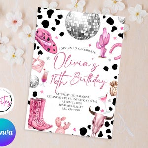May include: A white invitation with a pink cowgirl theme. The invitation includes illustrations of a cowboy hat, boots, and a disco ball. Text reads "Olivia's 16th Birthday" with event details.