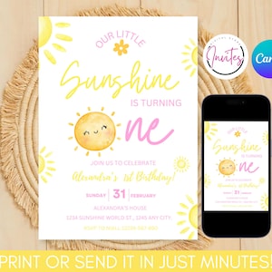 Convite de aniversário Sunshine, convite para 1º aniversário de menina, convite Sunshine, convite para 1º aniversário Sunshine, modelo Canva, download instantâneo