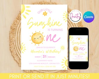 Sunshine Birthday Invitation, Girl 1st Birthday Invite, Sun Invitation, Sunshine 1st Birthday Invitation, Canva Template, Instant Download